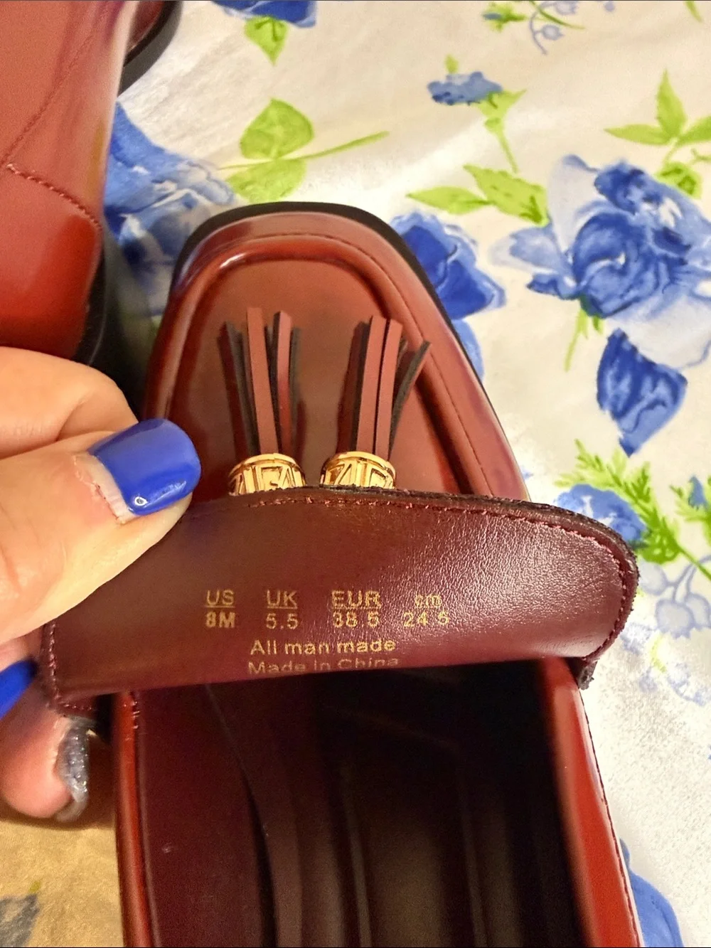 Franco Sarto Burgundy Patent Look Tassel Loafers with Gold Detail